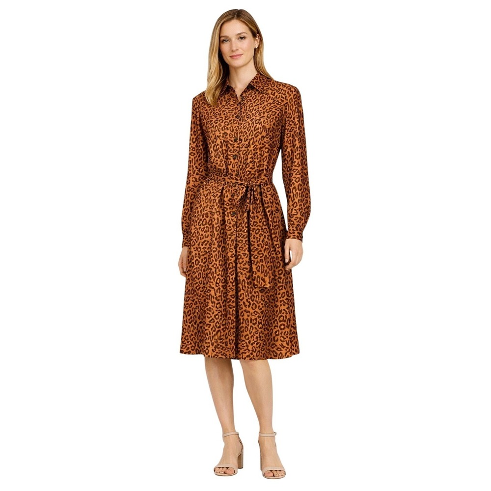 Nine West Leopard Print Dress Womens XS Brown Animal Print Midi with Belt